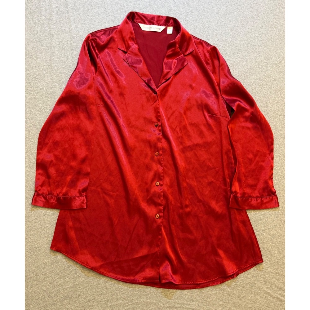 Victoria's Secret Red Satin Button Down Sleep Shirt Long Sleeve Pajama Top L